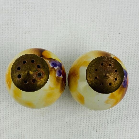 Vtg Enesco Fruit Pattern Salt Pepper Set & Holder Gold Trim Hand Painted E2358 - Picture 6 of 9
